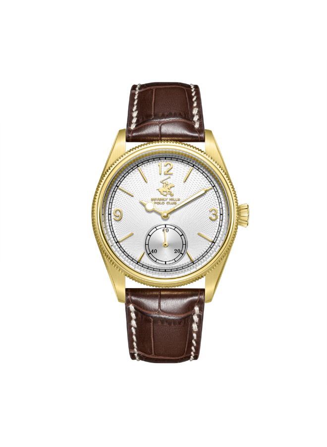 BHPC Gents 3H Fn IP GOLD Case D.BROWN LEATHER Band SILVER  Dial