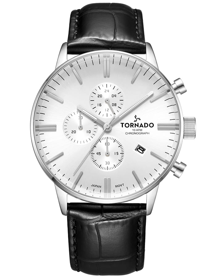 Tornado Gents Chrono silver case Black leather white dial