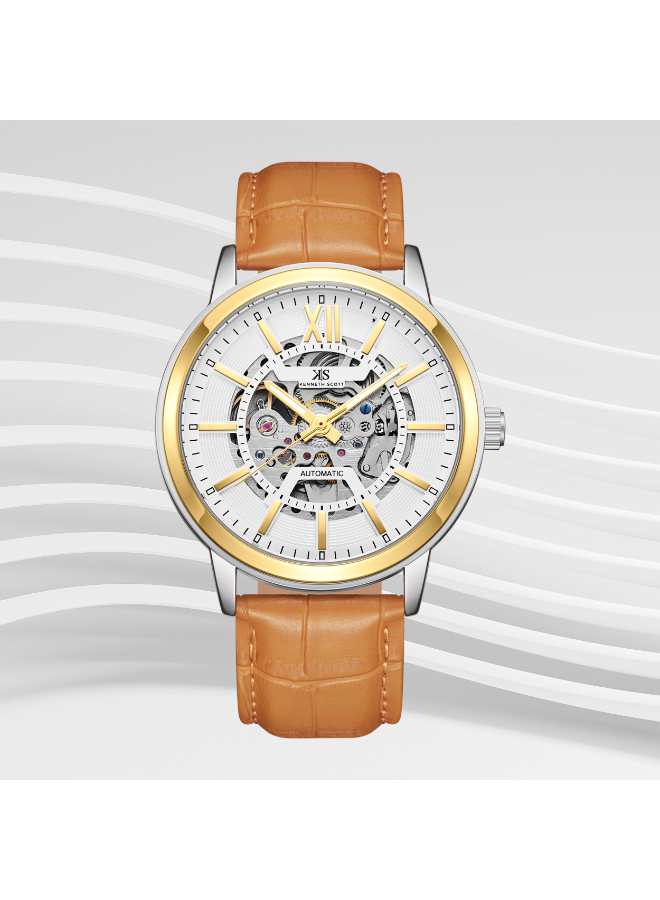 Kenneth Scott Gents Automatic Silver/Gold Case L.Brown Leather Strap White Dial