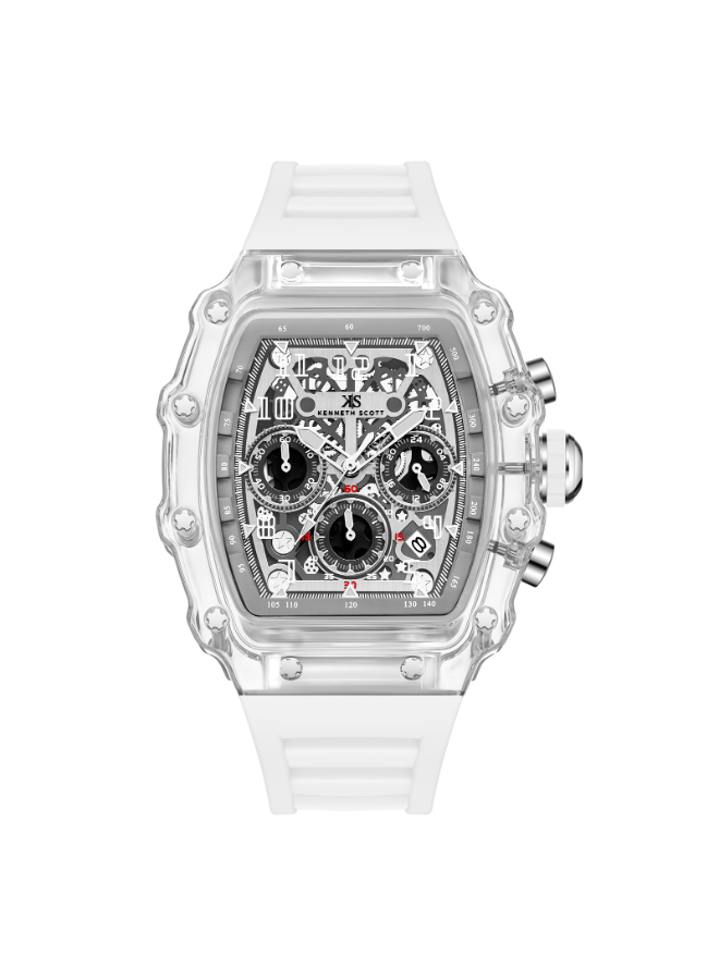 Kenneth Scott Gents multi fn Transparent case White silicone Ivory dial