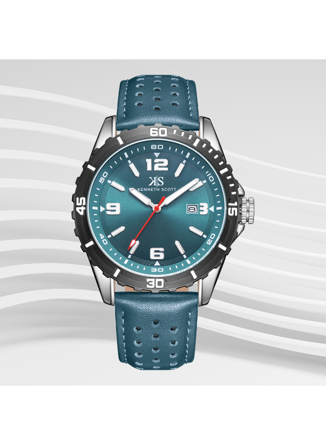 Kenneth Scott Gents Analog Silver/Black Case Green Leather Strap Green Dial