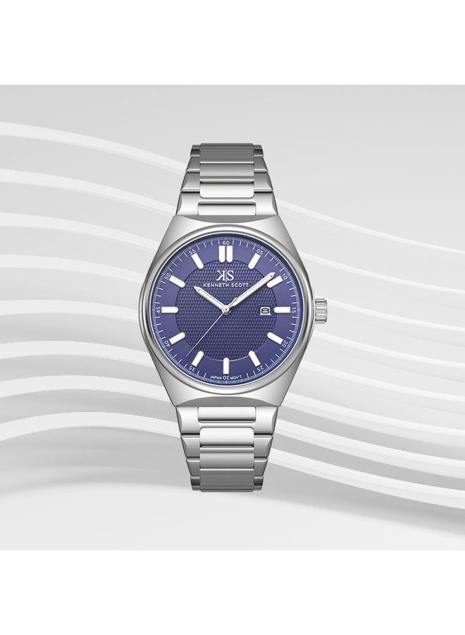 Kenneth Scott Gents Analog Silver Case Silver Bracelet Band Navy Blue Dial