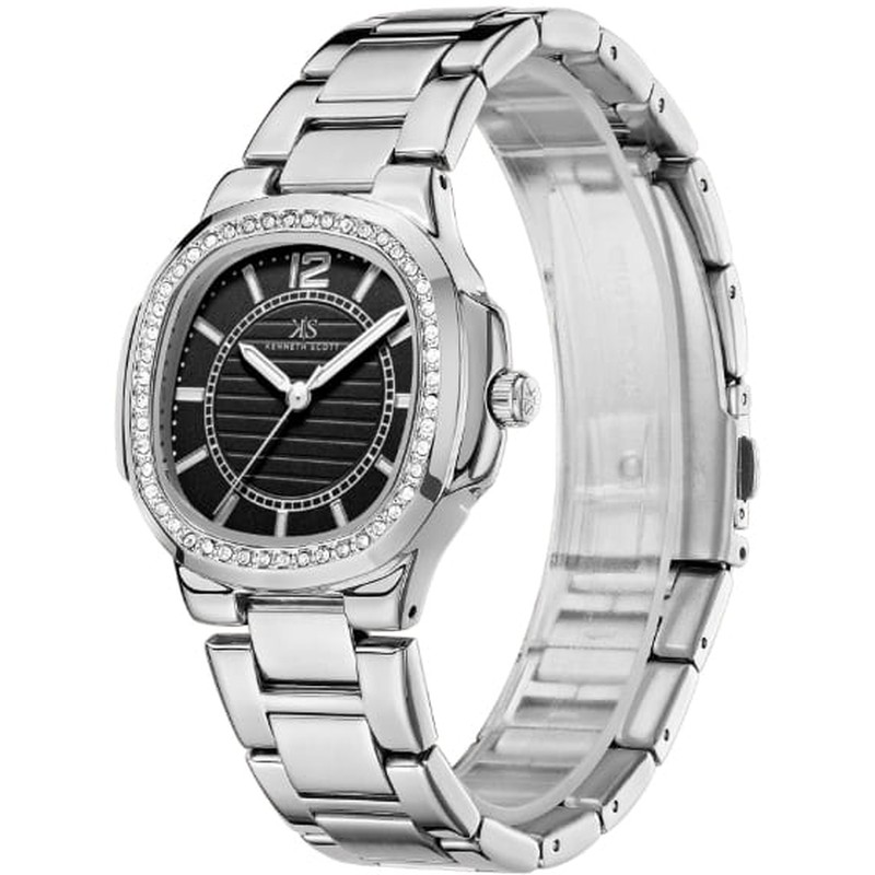 Kenneth Scott Ladies Analog Silver Case Silver Metal Band Black Dial