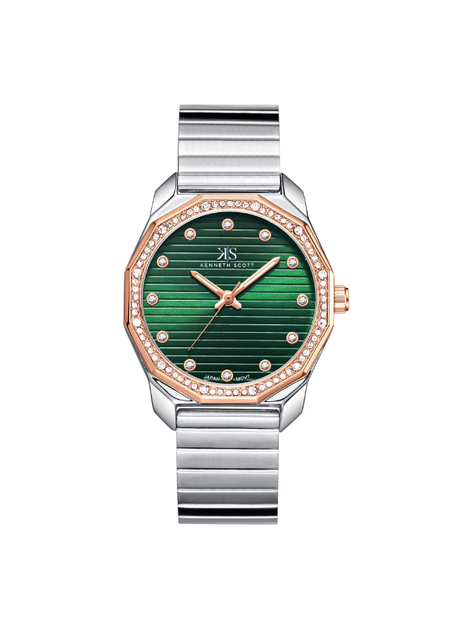 Kenneth Scott Ladies Analog TT Rose Gold Case TT Rose Gold Metal Band Green Dial