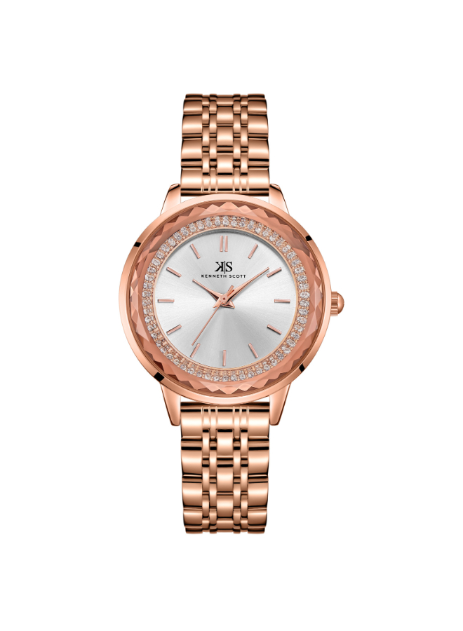 Kenneth Scott Ladies Analog Rose Gold Case TT RG/Silver Metal Band White Dial