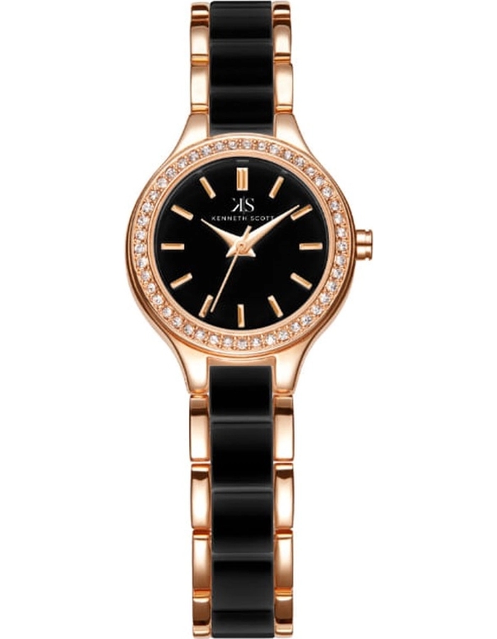 Kenneth Scott Ladies analog TT/RG Case Black Ceramic Band Black Dial