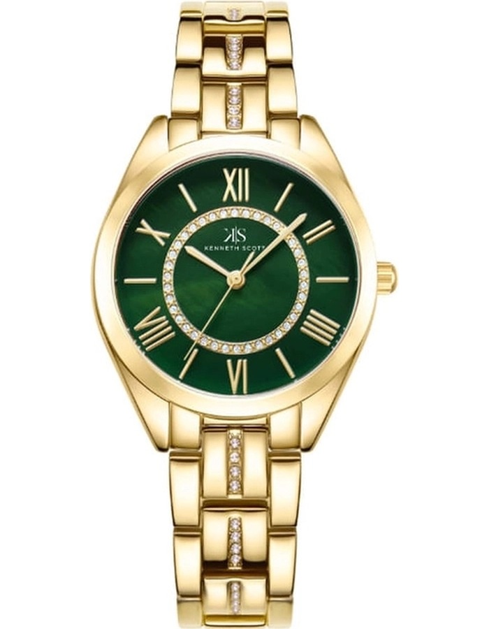 Kenneth Scott Ladies analog Gold Case Gold Metal Band O.Green Dial