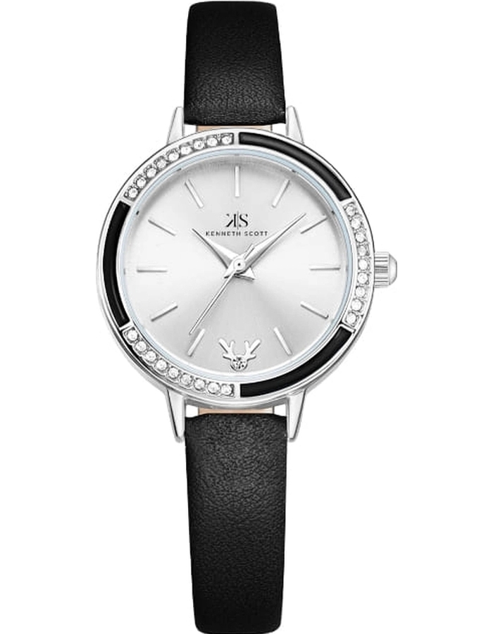 Kenneth Scott Ladies analog Silver Case Black Leather Strap Silver Dial