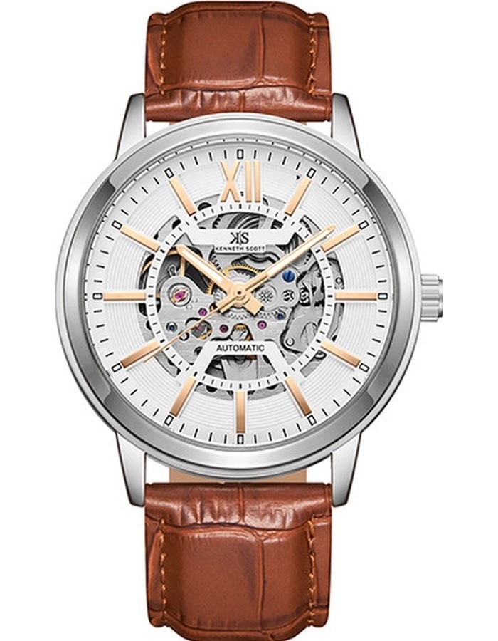 Kenneth Scott Gents Automatic Silver Case D.Brown Leather Strap White Dial