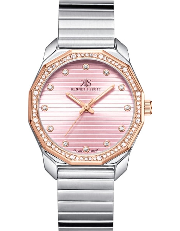 Kenneth Scott Ladies Analog TT Rose Gold Case TT Rose Gold Metal Band Pink Dial