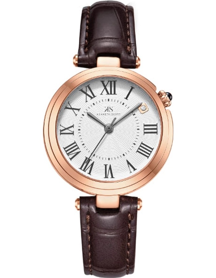 Kenneth Scott Ladies Analog Rose Gold Case Rose Gold Leather Strap White Dial