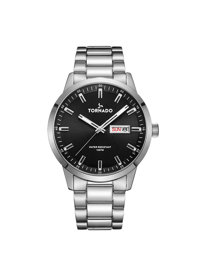 Tornado Gents 3H day-date Analog  Fn Silver Case Silver Bracelet Black sunray dial