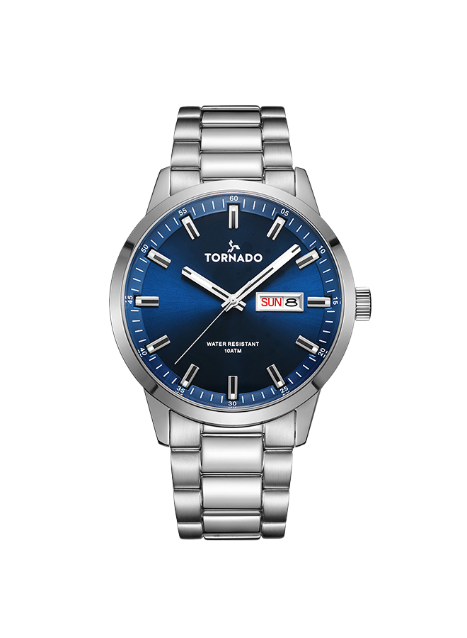 Tornado Gents 3H day-date Analog  Fn Silver Case Silver Bracelet Deep blue sunray dial