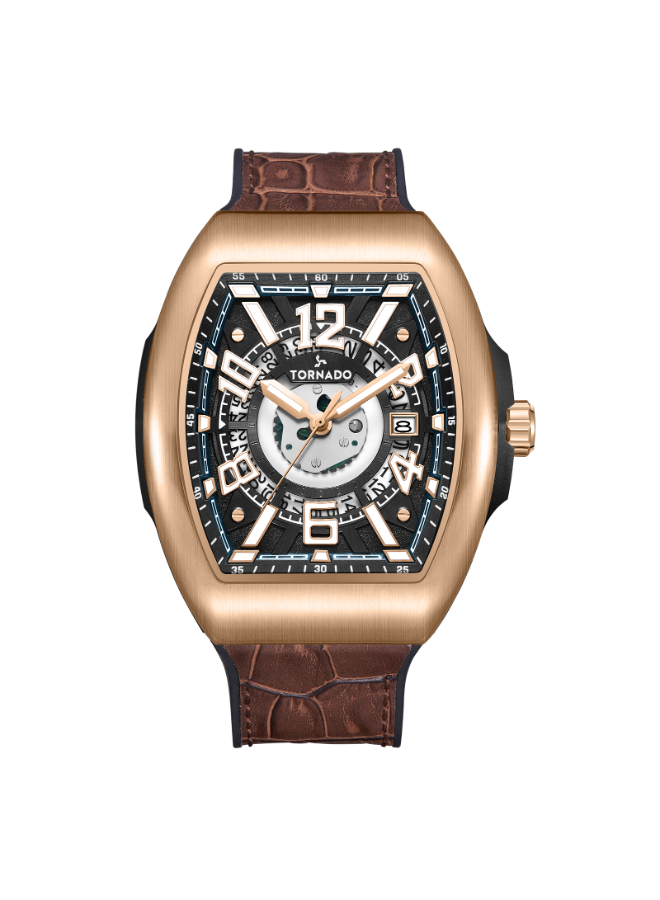 Tornado Gents Analog Fn Rose Gold Case Brown Leather Strap Black Dial