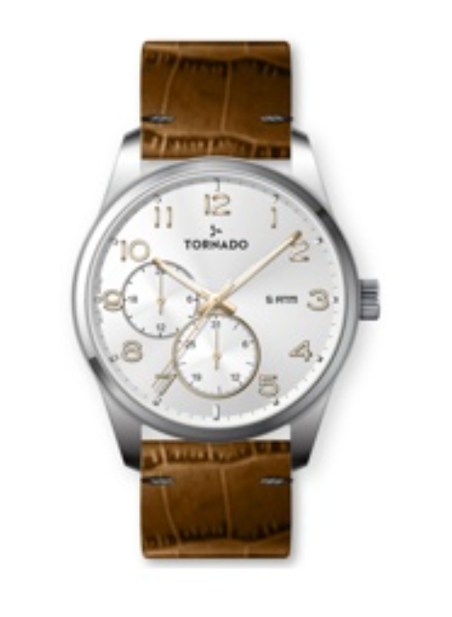 Tornado Gents Multi Fn Silver Case Brown Leather White Dial