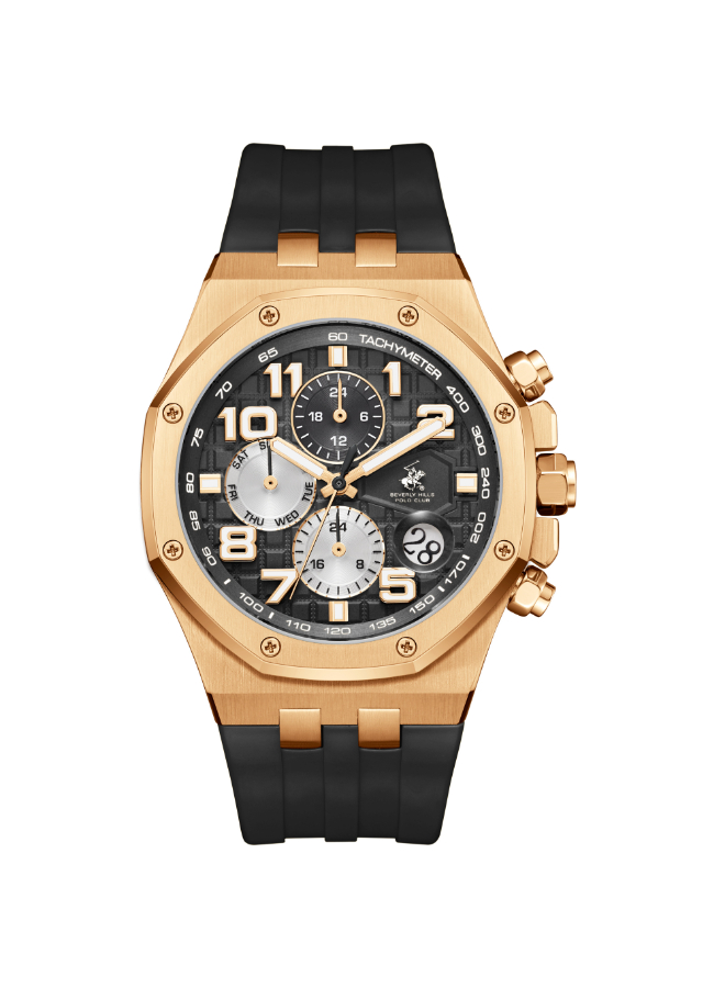 BHPC Gents  MULTIFUNCTION Fn IP R.GOLD Case BLACK SILICON Band BLACK Dial