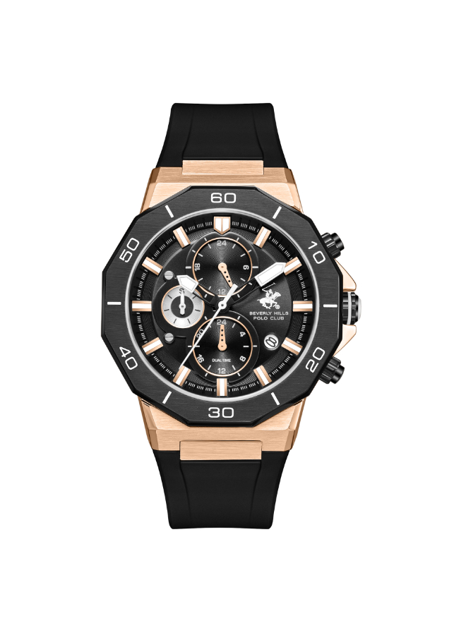 BHPC Gents  MULTIFUNCTION  IP R.GOLD/IP BALCK Case BLACK SILICON Band BLACK Dial