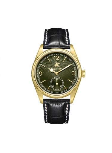 [BP3807X.171] BHPC Gents 3H Fn IP GOLD Case BLACK LEATHER Band D.GREEN 5605C Dial
