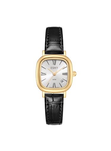 [E25510-GLBW] Ecstacy Ladies Analog Fn Gold Case Black Leather  Strap White Dial