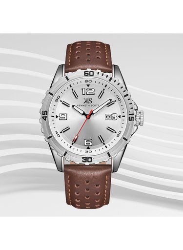 [K24022-SLDW] Kenneth Scott Gents Analog Silver Case D.Brown Leather Strap White Dial