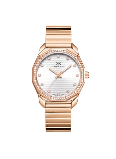 [K24505-RBKW] Kenneth Scott Ladies Analog Rose Gold Case Rose Gold Metal Band White Dial