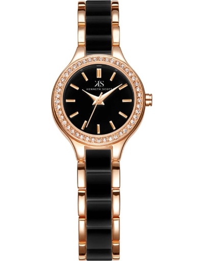 [K23509-KCBB] Kenneth Scott Ladies analog TT/RG Case Black Ceramic Band Black Dial