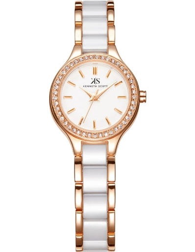 [K23509-KCWW] Kenneth Scott Ladies analog TT/RG Case White Ceramic Band White Dial