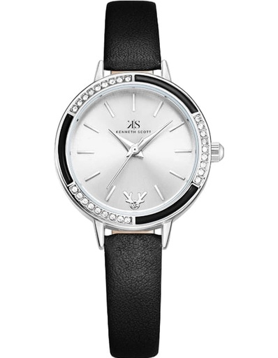 [K23511-SLBS] Kenneth Scott Ladies analog Silver Case Black Leather Strap Silver Dial