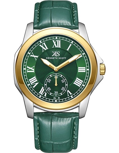 [K24018-TLHH] Kenneth Scott Gents Analog Silver/Gold Case Green Leather Strap Green Dial