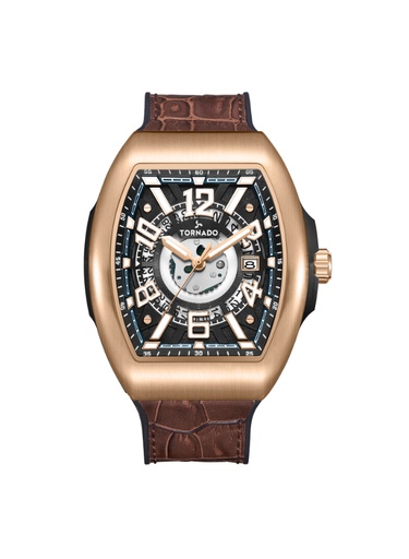 [T25301-RLDB] Tornado Gents Analog Fn Rose Gold Case Brown Leather Strap Black Dial
