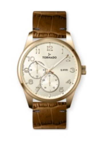 [T25102-GLDC] Tornado Gents Multi Fn Gold Case Brown Leather Champagne Dial