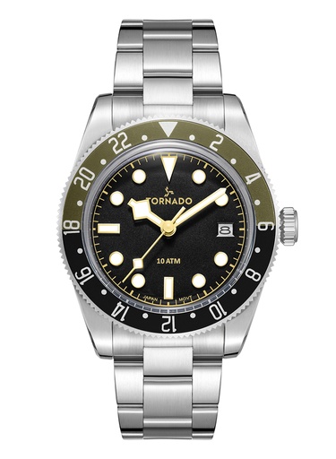 [T24006-SBSBH] Tornado Gents 3H Date fn Silver Case Silver Metal Band Black with Green Highlights Dial